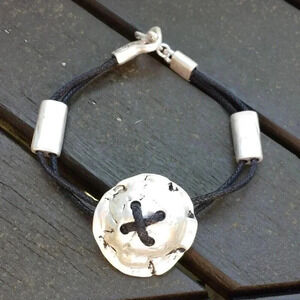 Edgy Modernist Abstract Style Silver Plated Organic Black Cotton Bracelet